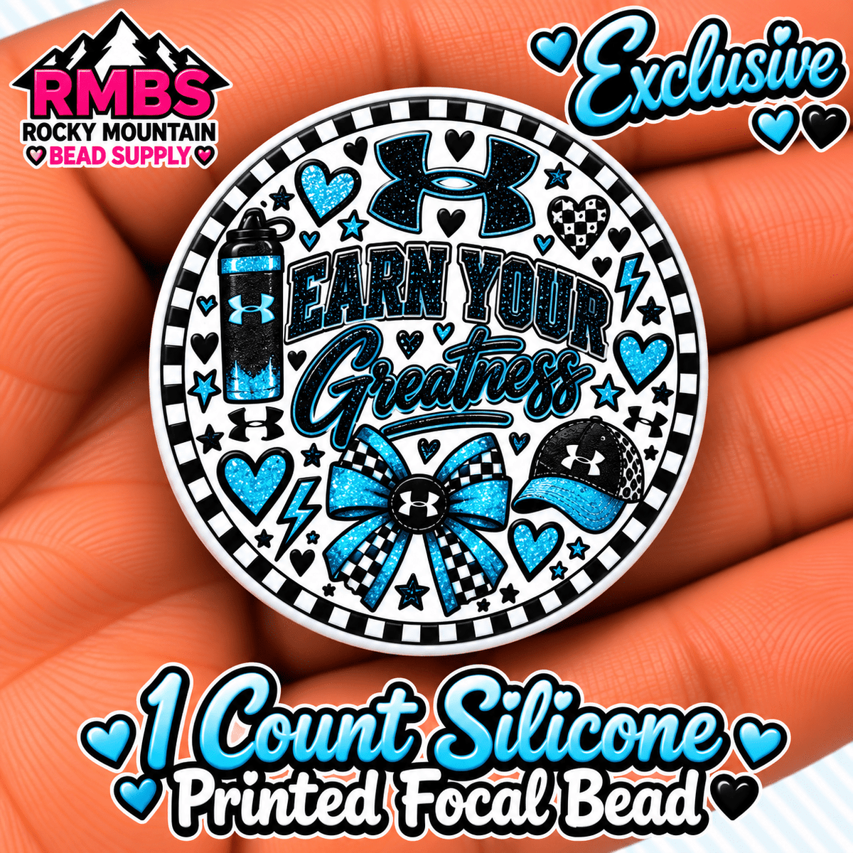 Exclusive 1 count PRINTED Silicone Focal Bead UNDER ARMOUR TEAL