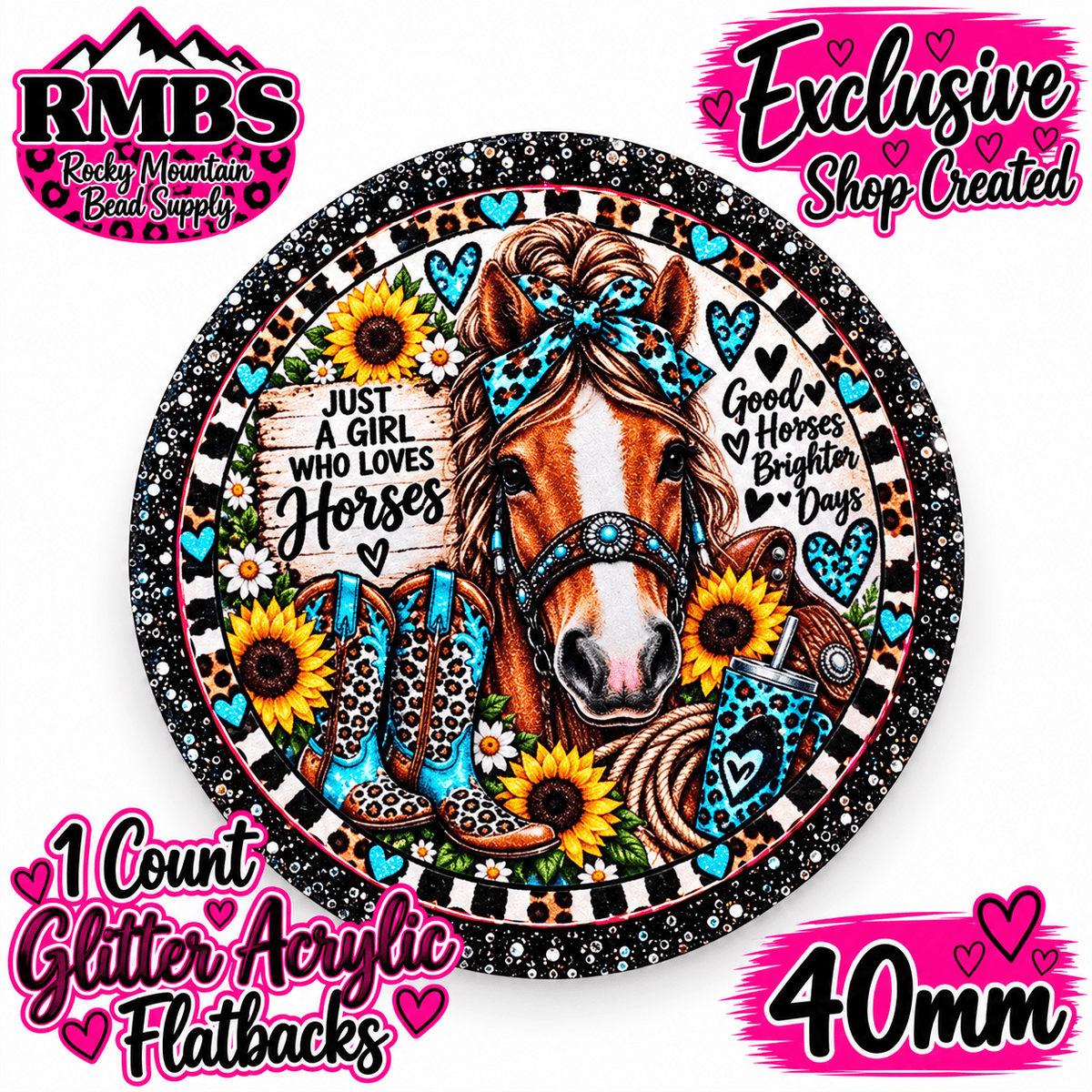 Exclusive 1 Count Custom Exclusive Glitter Acrylic Flatback 40mm HORSE