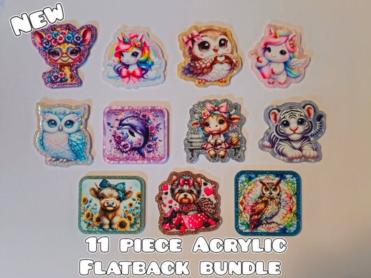 11 Piece Glitter Acrylic Flatback- Acrylic Planer Resin Charm Bundle Animals