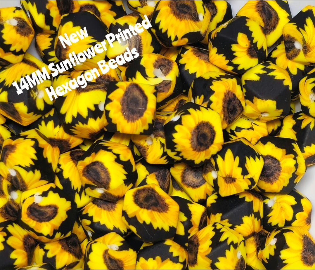1 Count DIY Beads 14MM Printed Hexagon Sunflower Theme