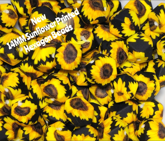 1 Count DIY Beads 14MM Printed Hexagon Sunflower Theme
