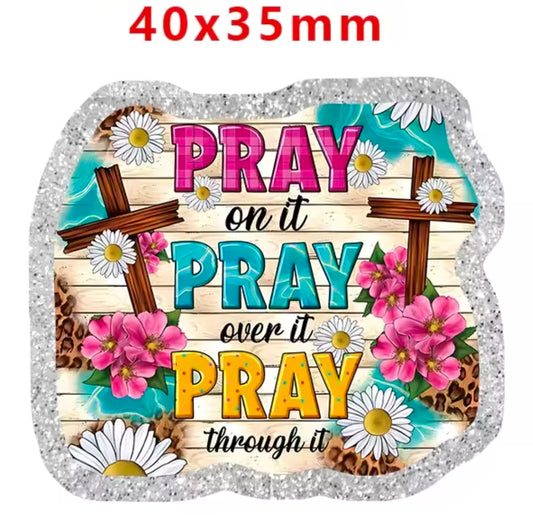 New 1 Count Glitter Acrylic Flatback PLANAR Resin Acrylic Patch- Pray Religious