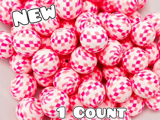 New 1 Count DIY Silicone Beads 15mm printed Multi Pink Checkered