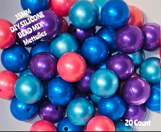 New 20 Count Solid Mettalic Shimmer 15mm Silicone Bead Mix