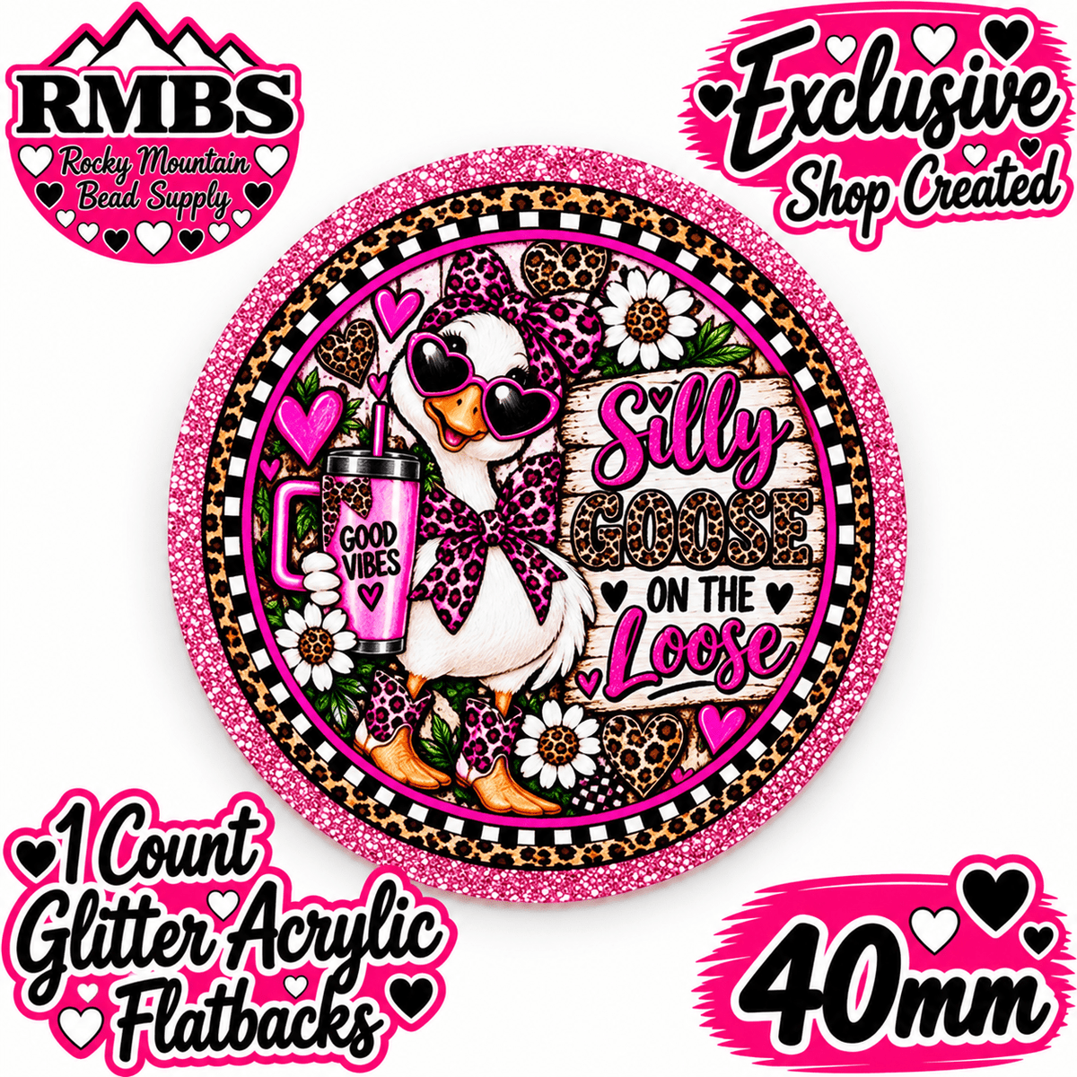 Exclusive 1 Count Custom Exclusive Glitter Acrylic Flatback 40mm SILLY GOOSE