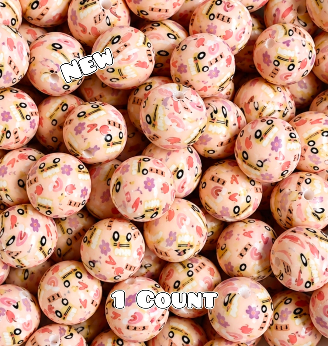 New 1 Count DIY Silicone Beads 15mm printed School Bus