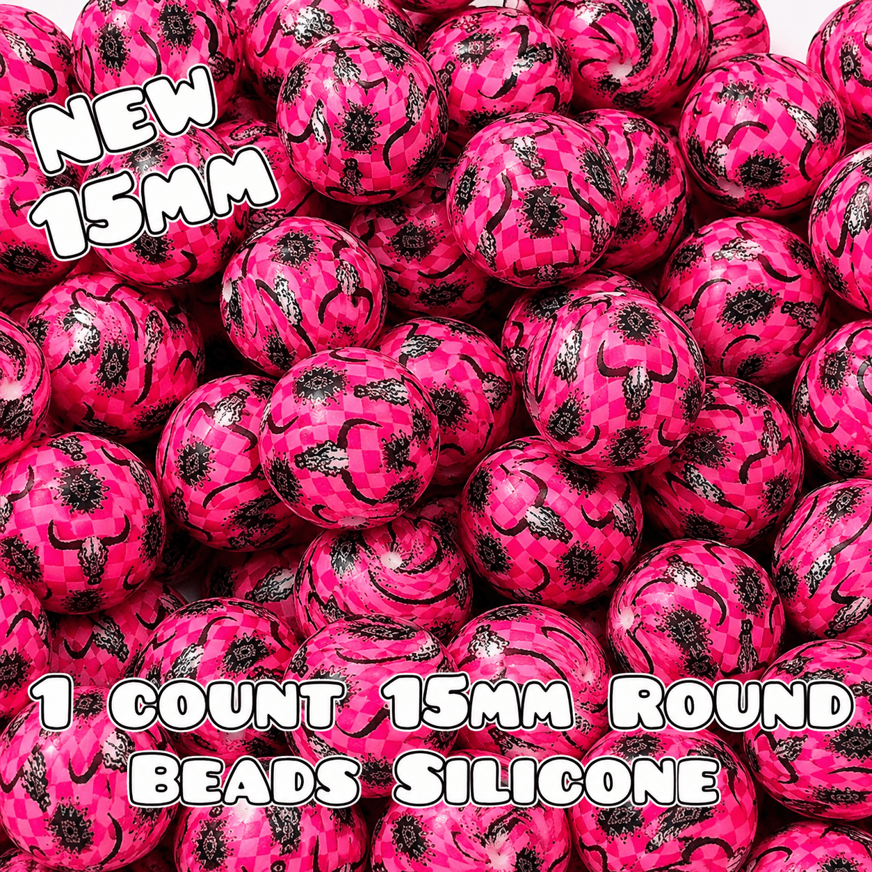 New 1 Count 15mm printed silicone beads BOLD PINK LONGHORN