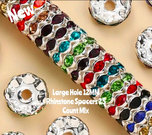 New 25 Count DIY 12MM Large Hole Multi Color Metal Fancy Rhinestone Spacers Mix Beads Craft Supplies