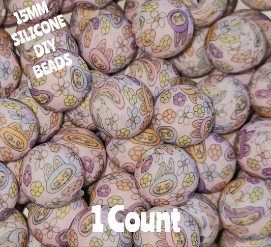 New 1 Count 15mm printed Labubu Flowers Fall silicone bead