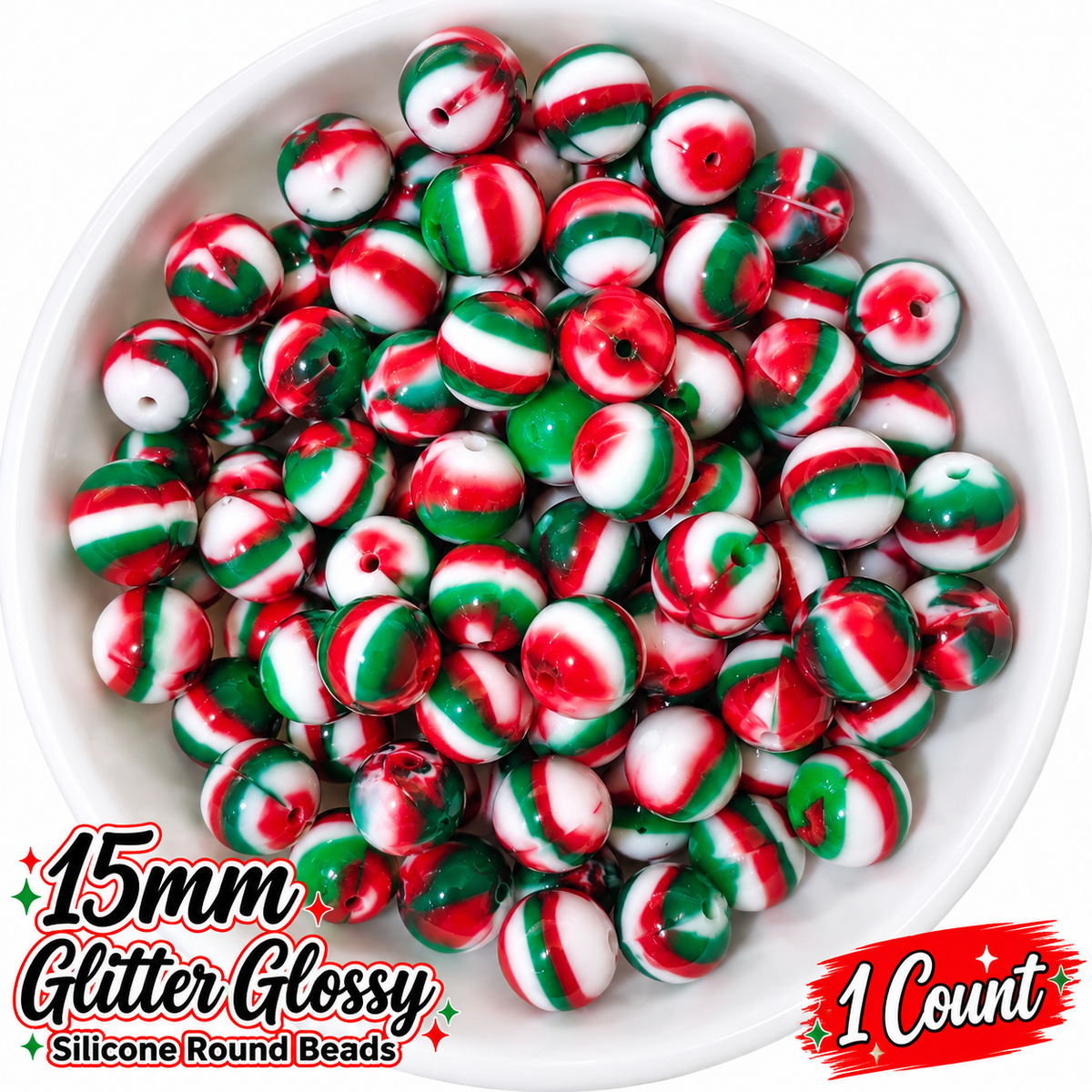 NEW Glitter 15mm DIY Silicone Beads Glossy Shiny Solids 1 Count CHRITMAS SWIRL