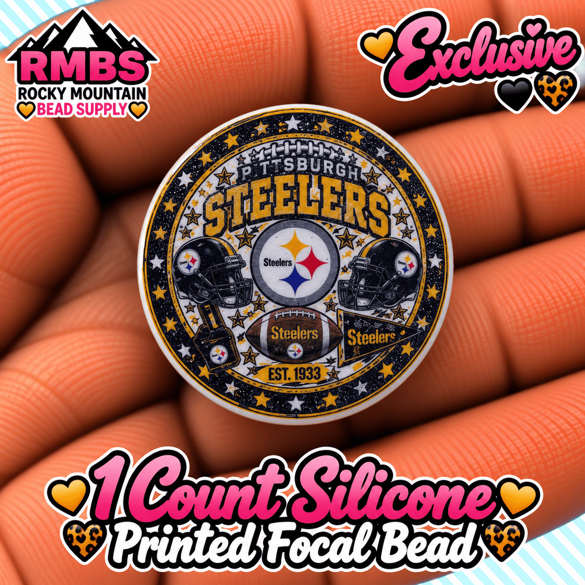 NEW Exclusive 1 count PRINTED Silicone Focal Bead FOOTBALL STEELERS