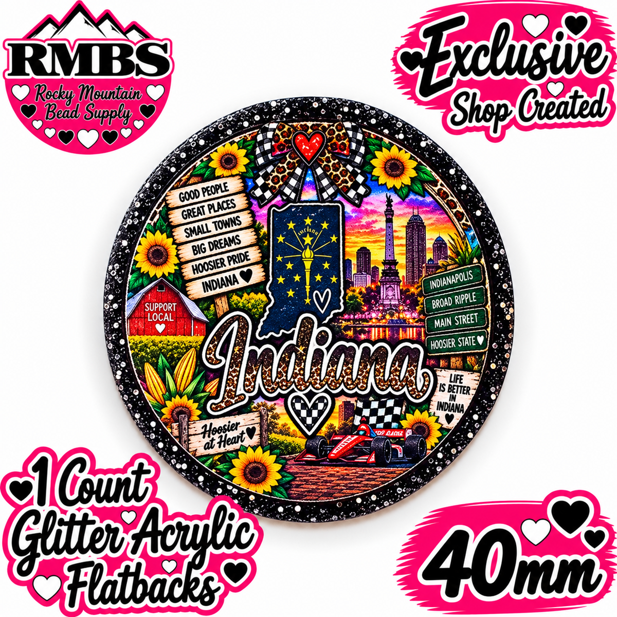 Exclusive 1 Count Custom Exclusive Glitter Acrylic Flatback 40mm STATE INDIANA