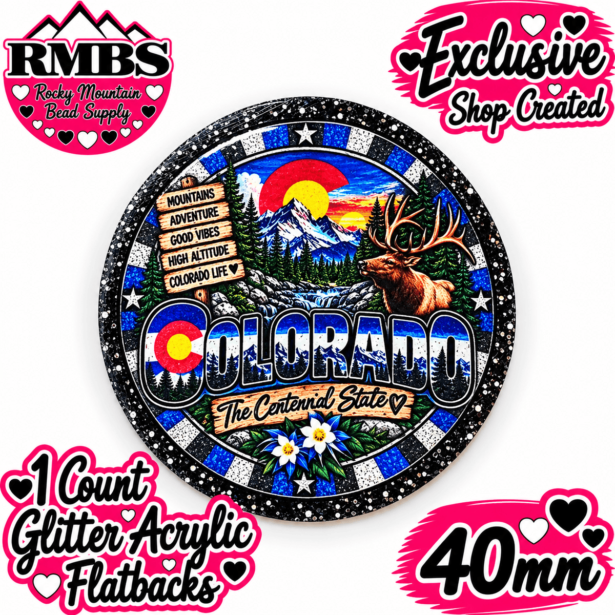 Exclusive 1 Count Custom Exclusive Glitter Acrylic Flatback 40mm STATE COLORADO