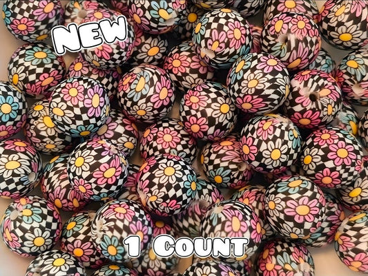 New 1 Count DIY Silicone Beads 15mm printed Floral Checkered