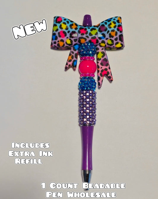 Wholesale Beadable Pens 1 Count Big Bow Bold Bright Leopard Style Completed Pen