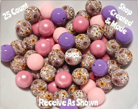 New Purple Boho Fall  Flowers Silicone Bead Mix DIY Craft Supplies 25 Count 15mm