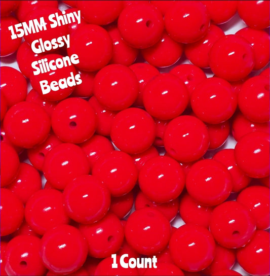 15mm DIY Silicone Beads Glossy Shiny Solids 1 Count Red