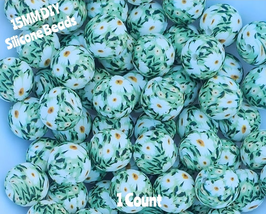 New 1 Count DIY Silicone Beads 15mm printed mint white floral flowers beadable accessories