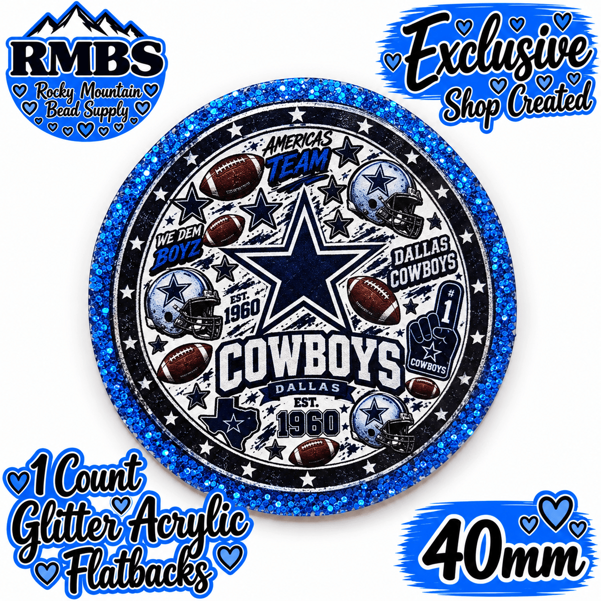 Exclusive 1 Count Custom Exclusive Glitter Acrylic Flatback 40mm COWBOYS