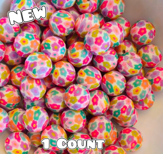 New 1 Count DIY Silicone Beads 15mm printed Flower Power