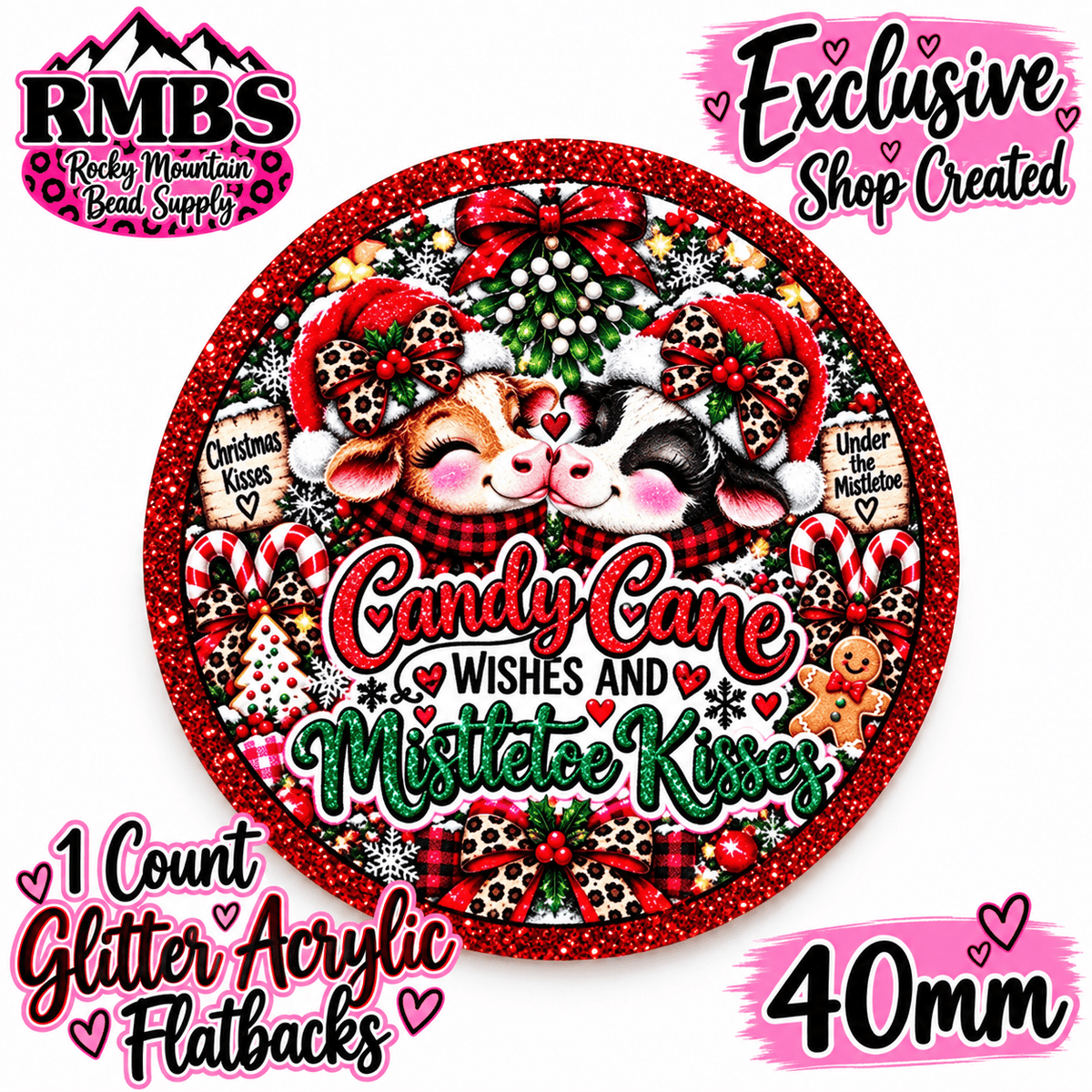 Exclusive 1 Count Custom Exclusive Glitter Acrylic Flatback 40mm CANDY CANE WISHES