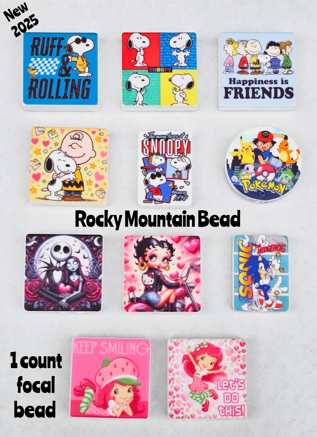 New 2025-- 1 count printed focal beads snoopy- betty- pokemon- strawberry girl- Jack & Sally- sonic