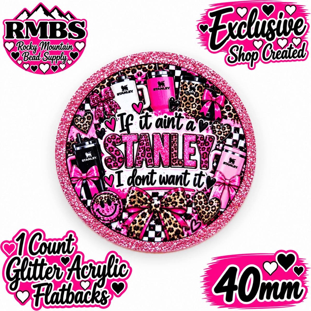 Exclusive 1 Count Custom Exclusive Glitter Acrylic Flatback 40mm STANLEY PINK