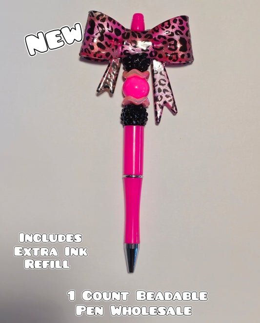 Wholesale Beadable Pens 1 Count Big Bow Glossy Pink Swirl Lepord Style Completed Pen