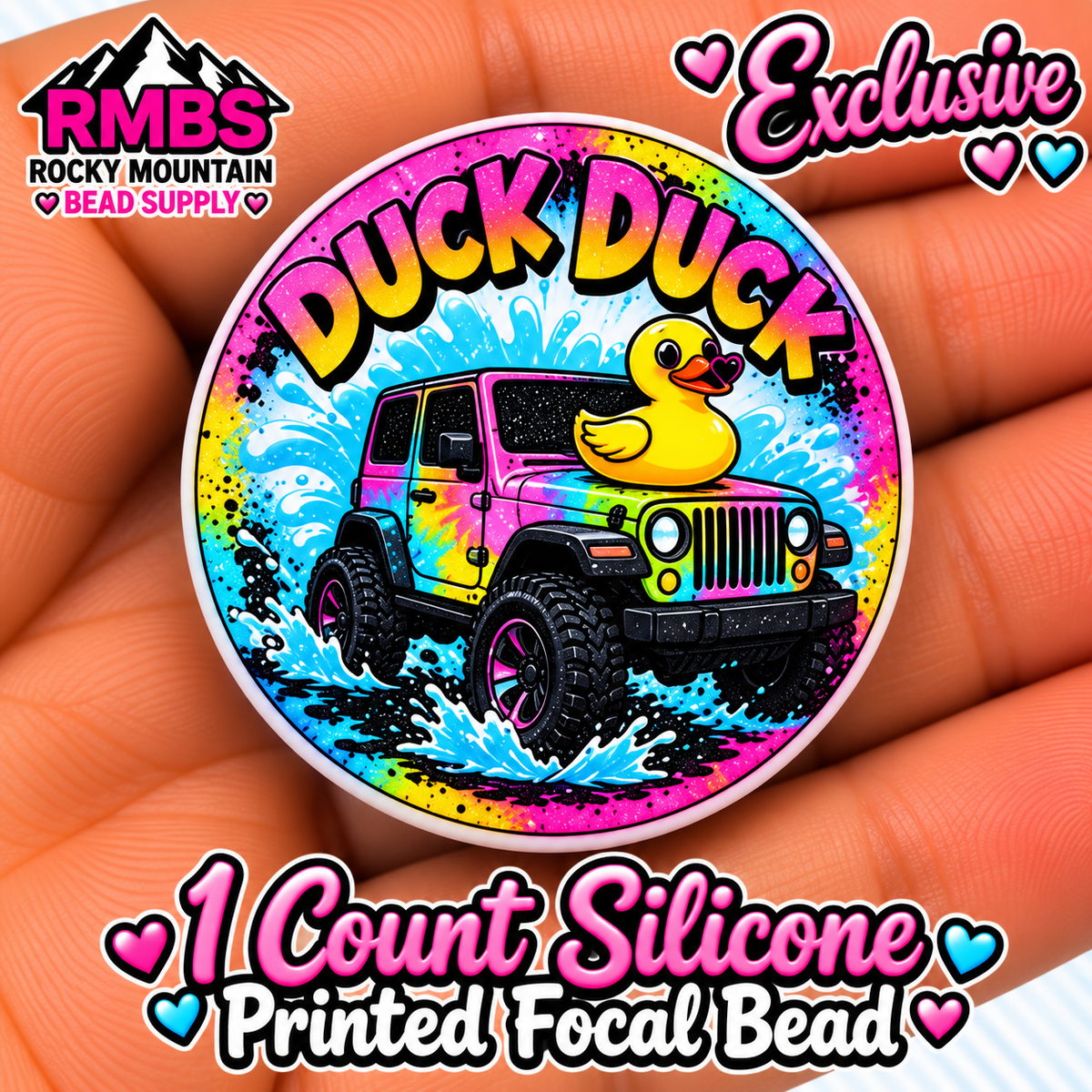 Exclusive 1 count PRINTED Silicone Focal Bead JEEP DUCK DUCK