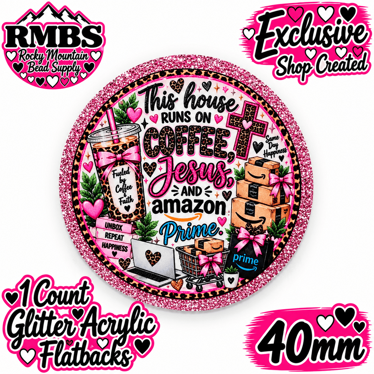 Exclusive 1 Count Custom Exclusive Glitter Acrylic Flatback 40mm AMAZON COFFEE JESUS