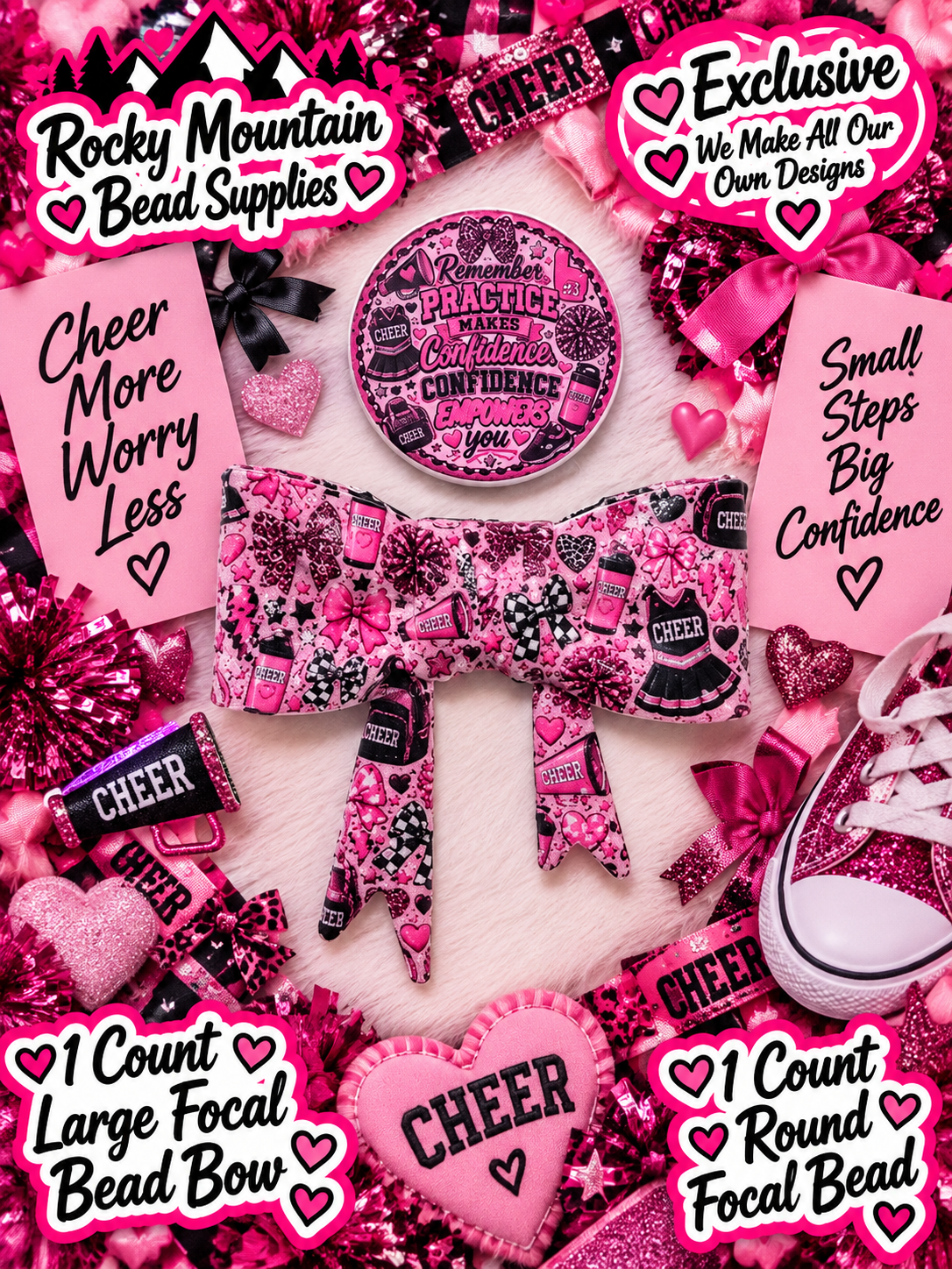 New Shop Exclusive 1 Count Large Silicone Bow 1 Count Focal Bead Round Cheerleader