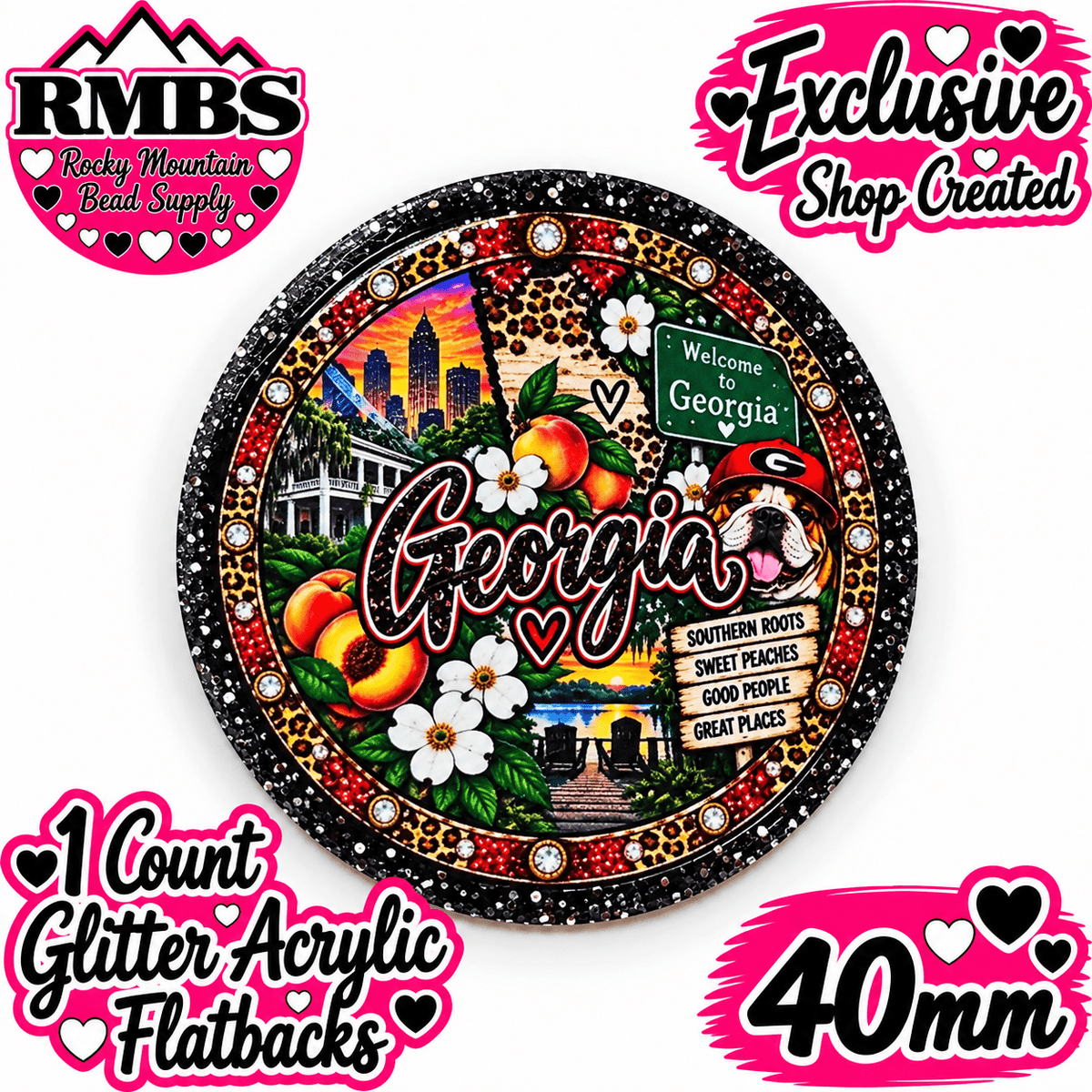 Exclusive 1 Count Custom Exclusive Glitter Acrylic Flatback 40mm STATE GEORGIA