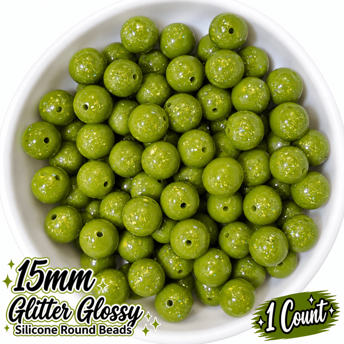 NEW Glitter 15mm DIY Silicone Beads Glossy Shiny Solids 1 Count OLIVE