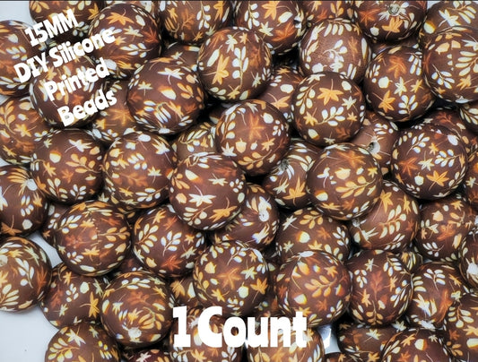New 1 Count DIY Silicone Beads 15mm printed fall flowers browns beadable accessories