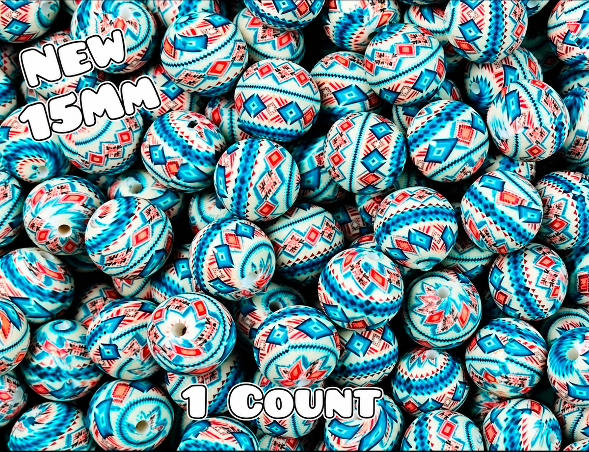 New 1 Count 15mm printed silicone beads RED White Blue Aztec