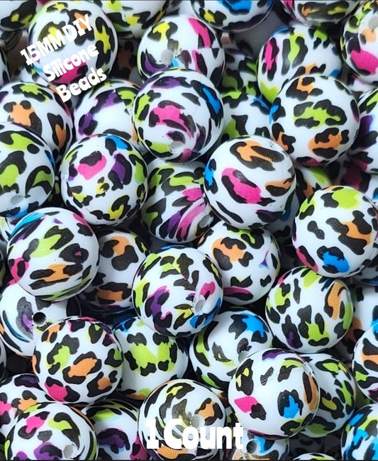 New 1 Count DIY Silicone Beads 15mm printed Multi Colored Leopard Beads Beadable Accessories