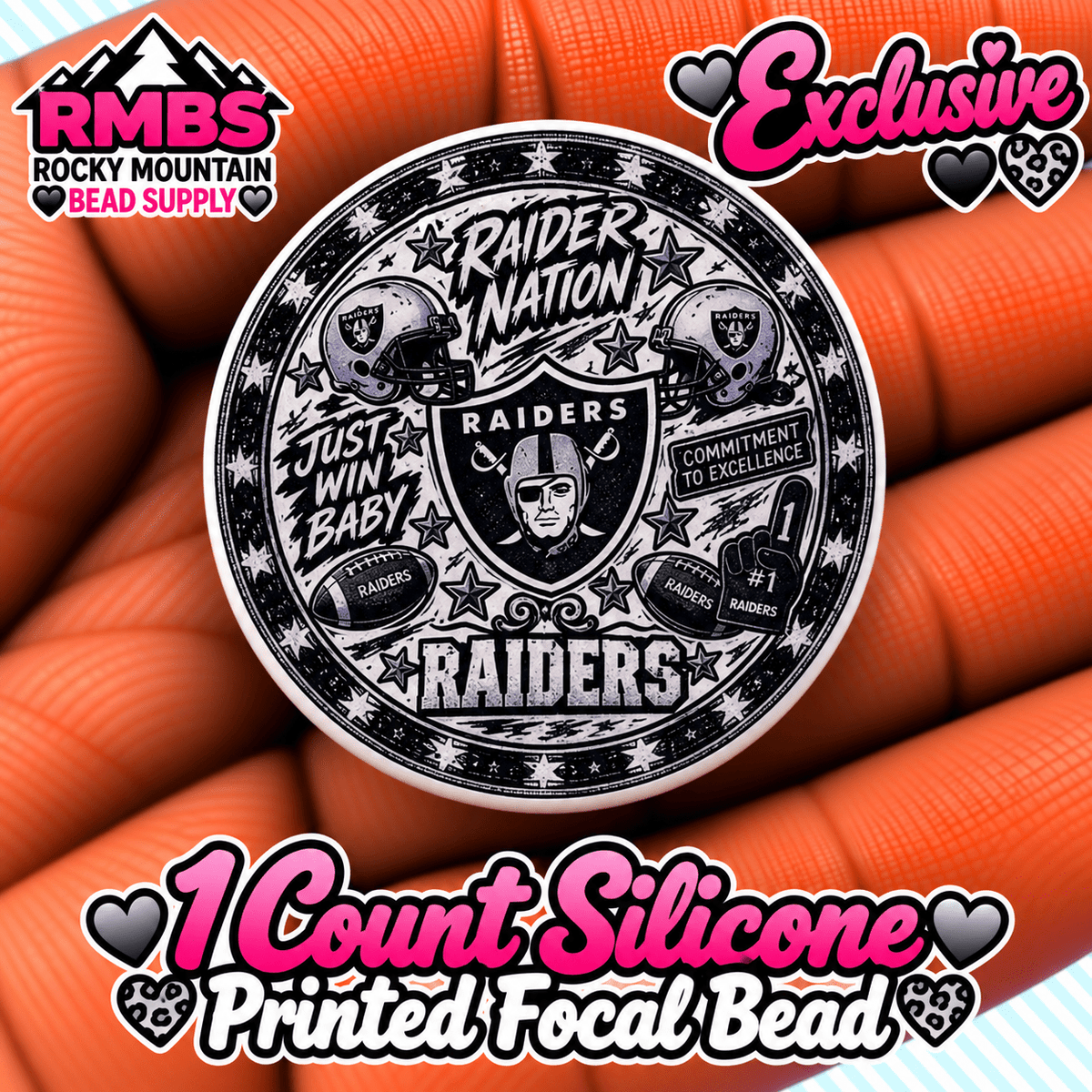 NEW Exclusive 1 count PRINTED Silicone Focal Bead FOOTBALL RAIDERS