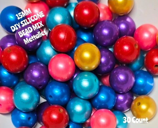 New 30 Count Solid Mettalic Shimmer 15mm Silicone Bead Mix