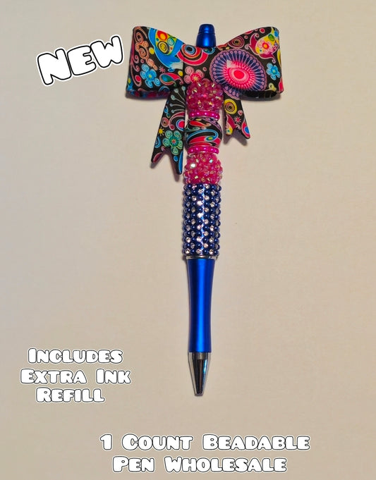 Wholesale Beadable Pens 1 Count Big Bow Bright Paisley Style Completed Pen
