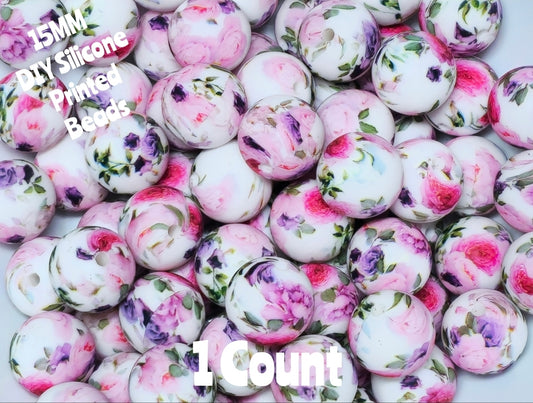 New 1 Count 15mm Printed Beads  Rose Floral DIY beads