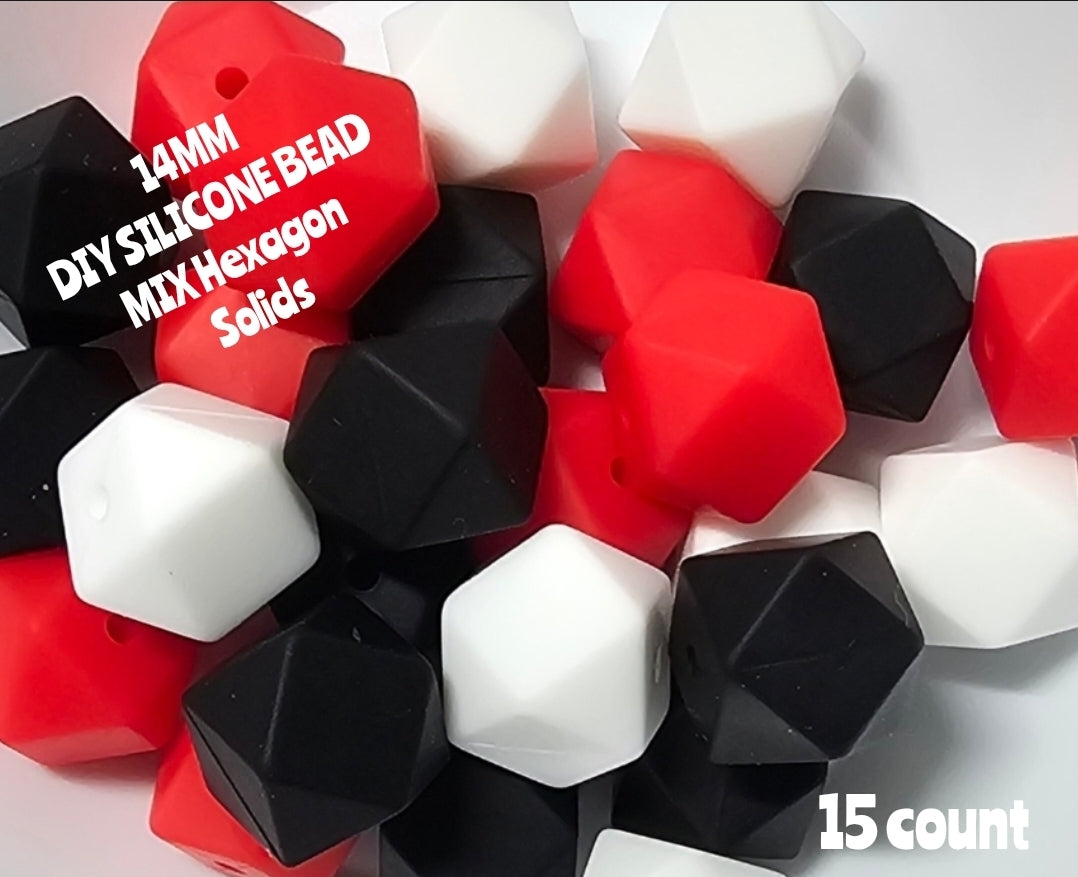 15 Count DIY Beads 14MM Solid  Hexagon Beads Mix Black White Red