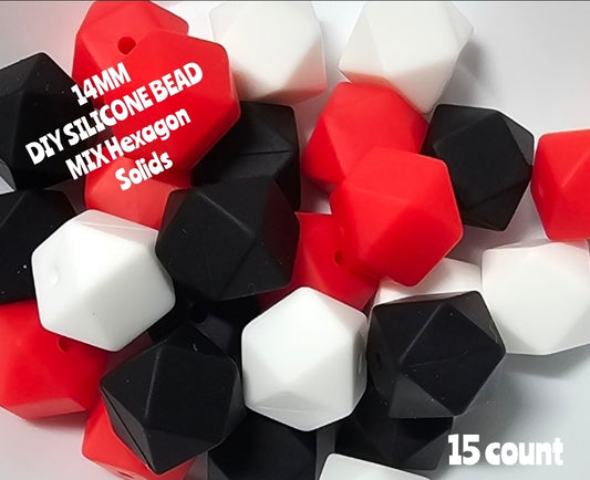 15 Count DIY Beads 14MM Solid  Hexagon Beads Mix Black White Red