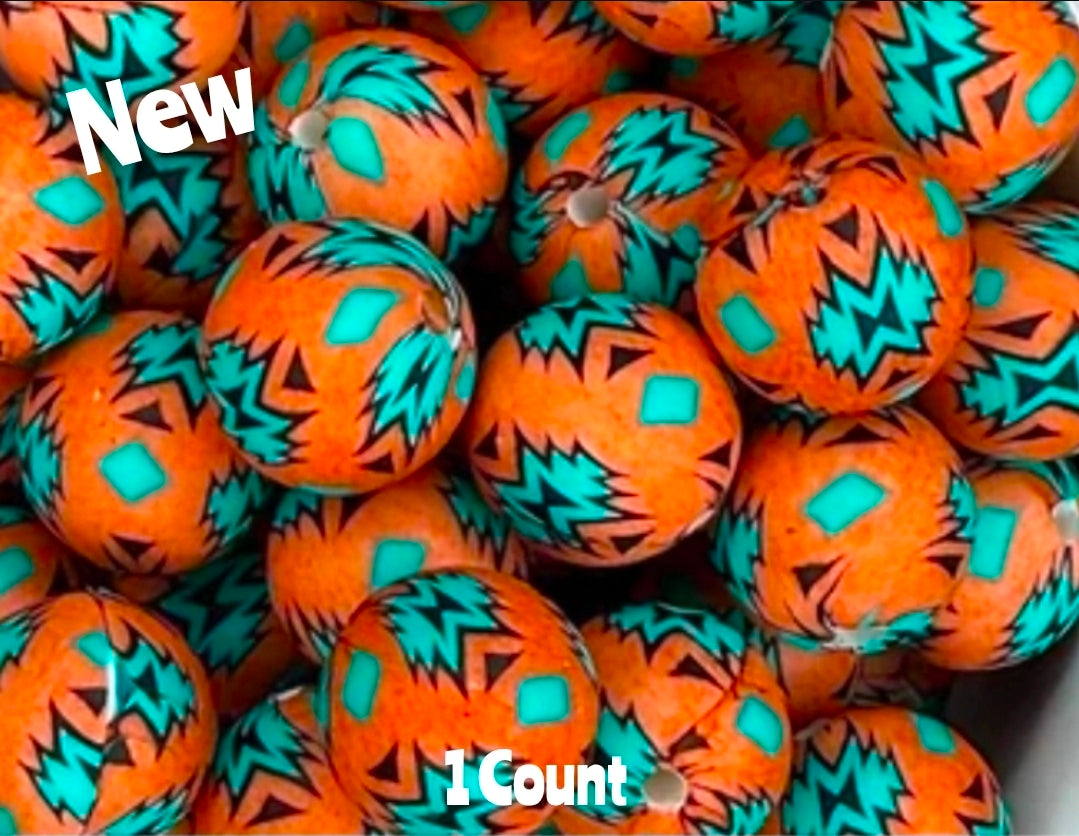 New 15mm 1 Count Rust Aztec Country printed silicone bead