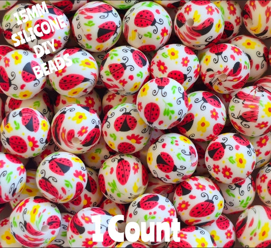 New 1 Count 15mm printed Floral Lady Bug silicone bead