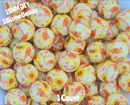 New 1 Count DIY Silicone Beads 15mm printed sunflower rainbows butterfly beadable accessories