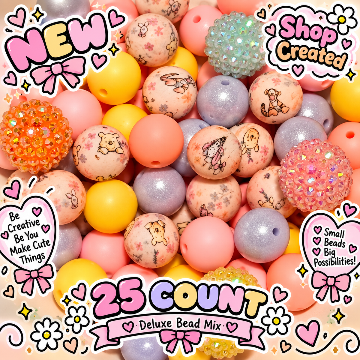 New Deluxe SILICONE Bead Mix 25 count. Shop Made Vintage Pastel Pooh