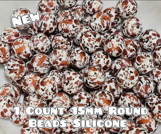 New 1 Count 15mm printed silicone beads BLACK BROWN COW