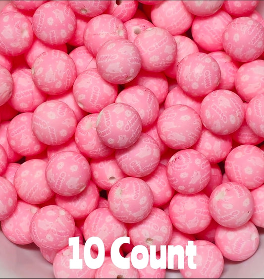 Discontinued 10 count 15mm printed Pink Pigs Oink silicone beads