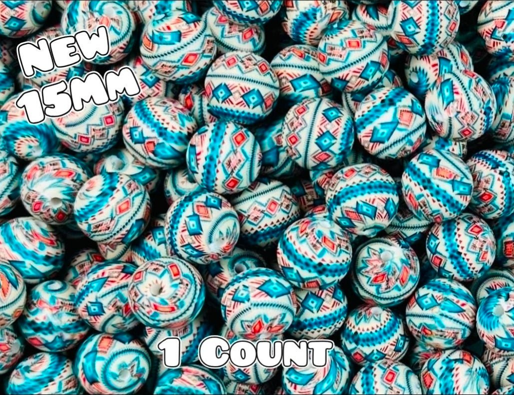 New 1 Count 15mm printed silicone beads RED White Blue Aztec
