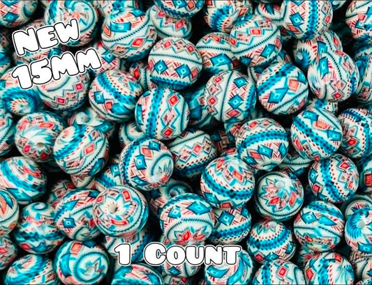 New 1 Count 15mm printed silicone beads RED White Blue Aztec
